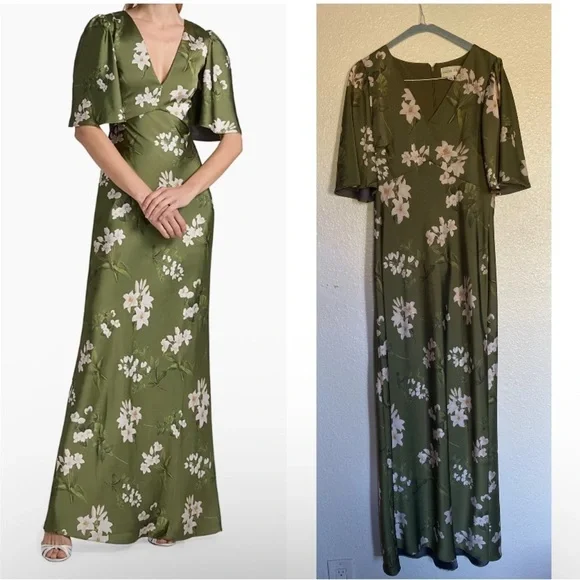 Sachin + Babi Mae Floral satin Olive green Floral fall wedding modestMaxi Dress - Picture 1 of 13